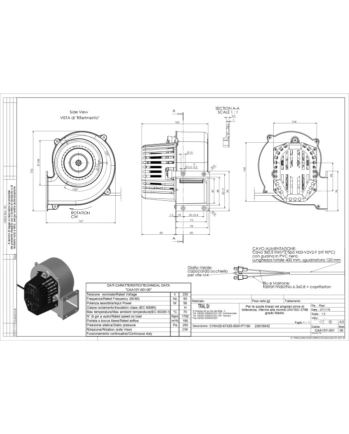 CYKH25-97X55 - VENTILATORE 56W CENTRIFUGO CALDAIA A SANSA STUFA PELLET 220V
